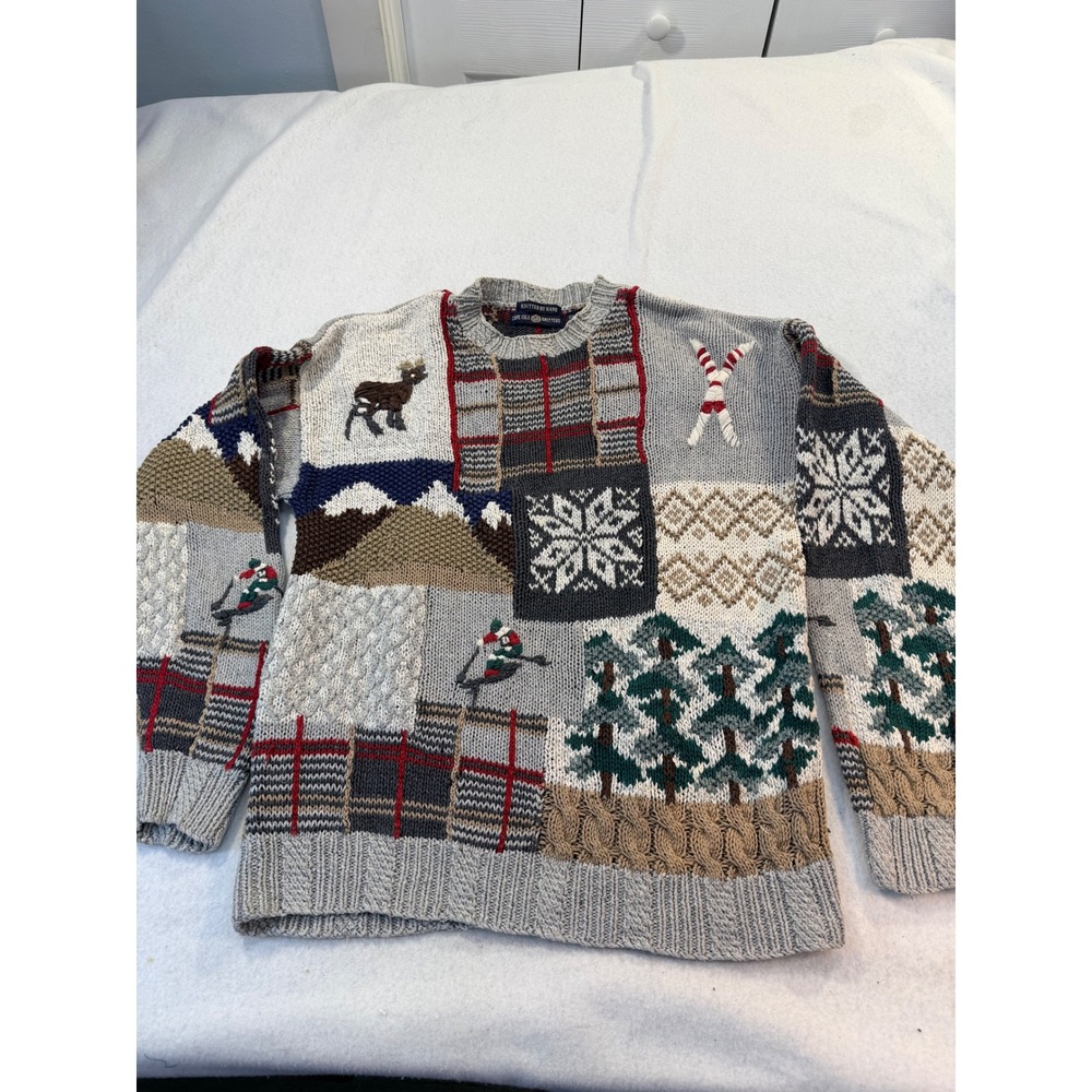 Cape Isle Knitters Mens Large Hand Knitted Patchwork Winter Ski Scene Sweater L